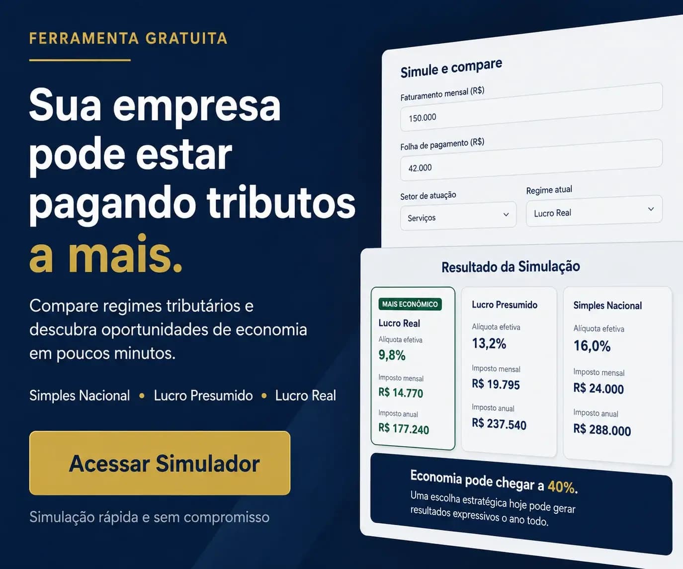 Simulador Tributário para comparar Lucro Real, Lucro Presumido e Simples Nacional